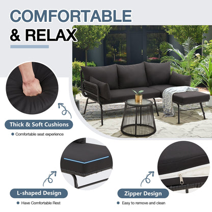 Set di divani componibili in vimini per conversazioni, set di mobili da giardino da 3 pezzi con cuscini spessi e tavolino da caffè in vetro temperato