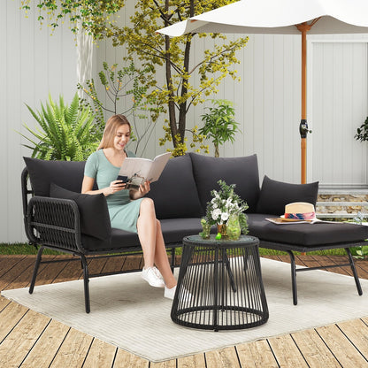 Set di divani componibili in vimini per conversazioni, set di mobili da giardino da 3 pezzi con cuscini spessi e tavolino da caffè in vetro temperato