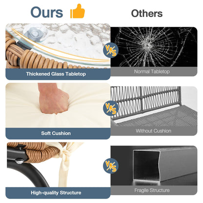 Set di divani componibili in vimini per conversazioni, set di mobili da giardino da 3 pezzi con cuscini spessi e tavolino da caffè in vetro temperato