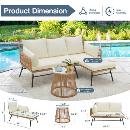 Set di divani componibili in vimini per conversazioni, set di mobili da giardino da 3 pezzi con cuscini spessi e tavolino da caffè in vetro temperato