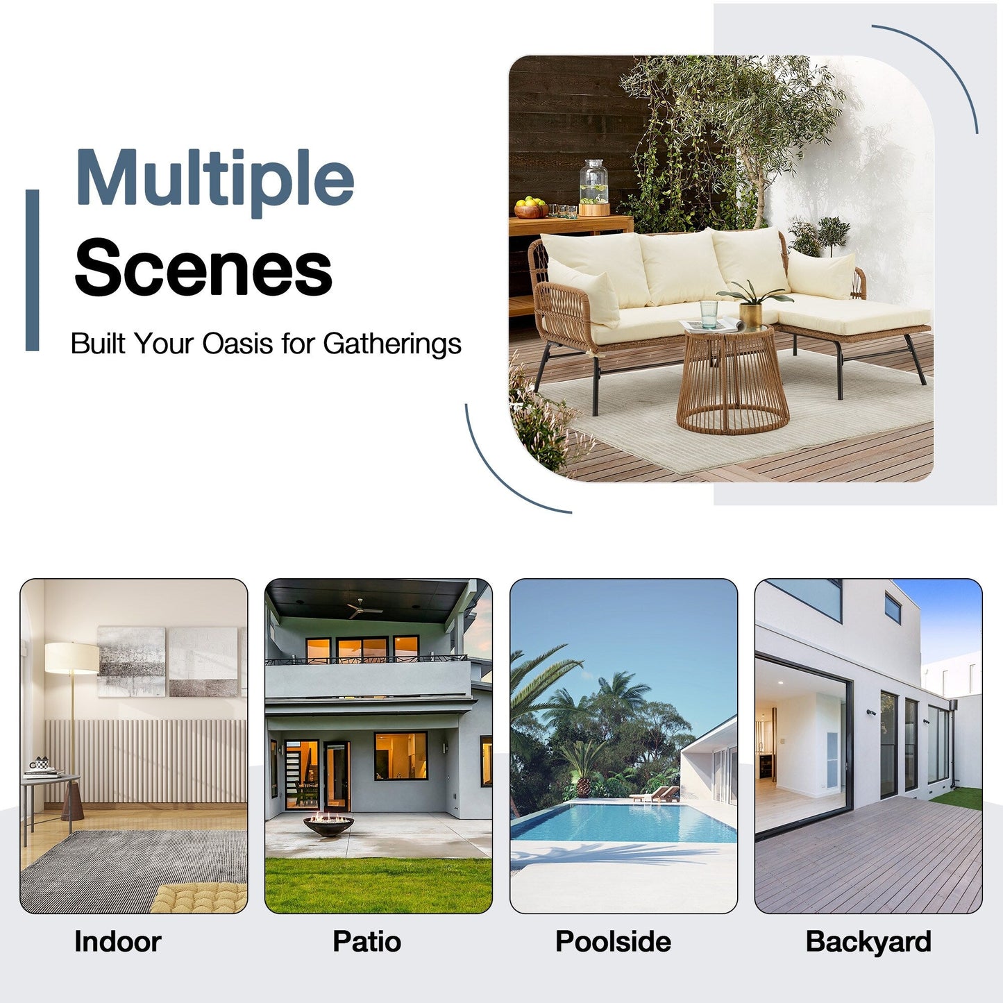 Set di divani componibili in vimini per conversazioni, set di mobili da giardino da 3 pezzi con cuscini spessi e tavolino da caffè in vetro temperato