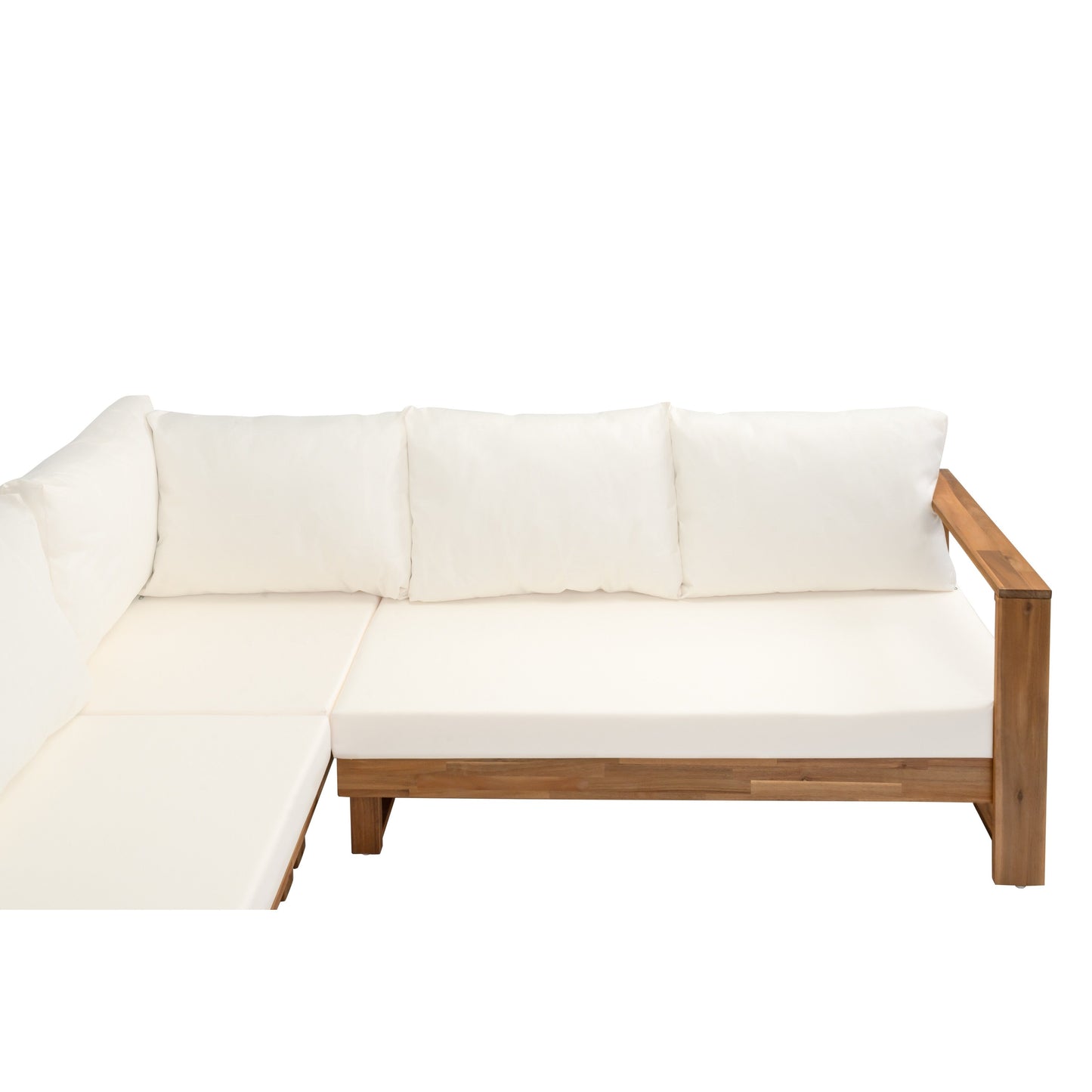 Set di divani componibili a L, set di divani da giardino con tavolo, divano chaise longue in legno, set da conversazione da esterno, 4 pezzi