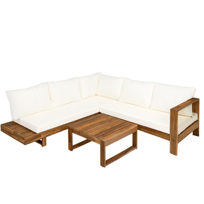 Set di divani componibili a L, set di divani da giardino con tavolo, divano chaise longue in legno, set da conversazione da esterno, 4 pezzi