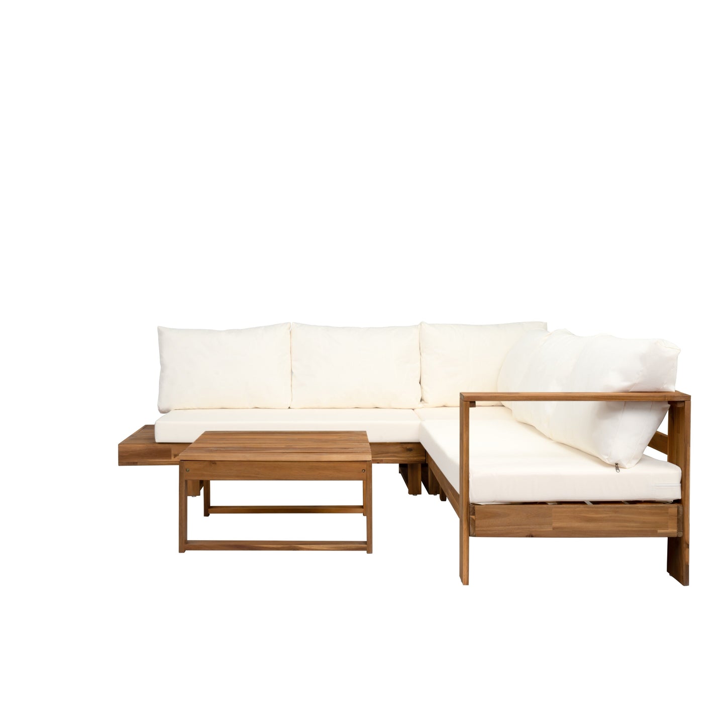 Set di divani componibili a L, set di divani da giardino con tavolo, divano chaise longue in legno, set da conversazione da esterno, 4 pezzi