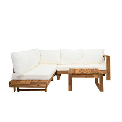 Set di divani componibili a L, set di divani da giardino con tavolo, divano chaise longue in legno, set da conversazione da esterno, 4 pezzi