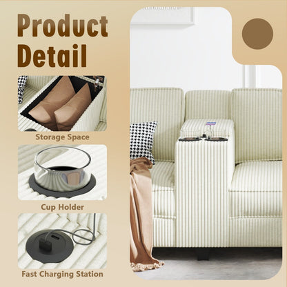 Divano a L in velluto a coste a 6 posti, ampi braccioli portaoggetti con console centrale, ricarica USB, sedili sinistro e destro intercambiabili