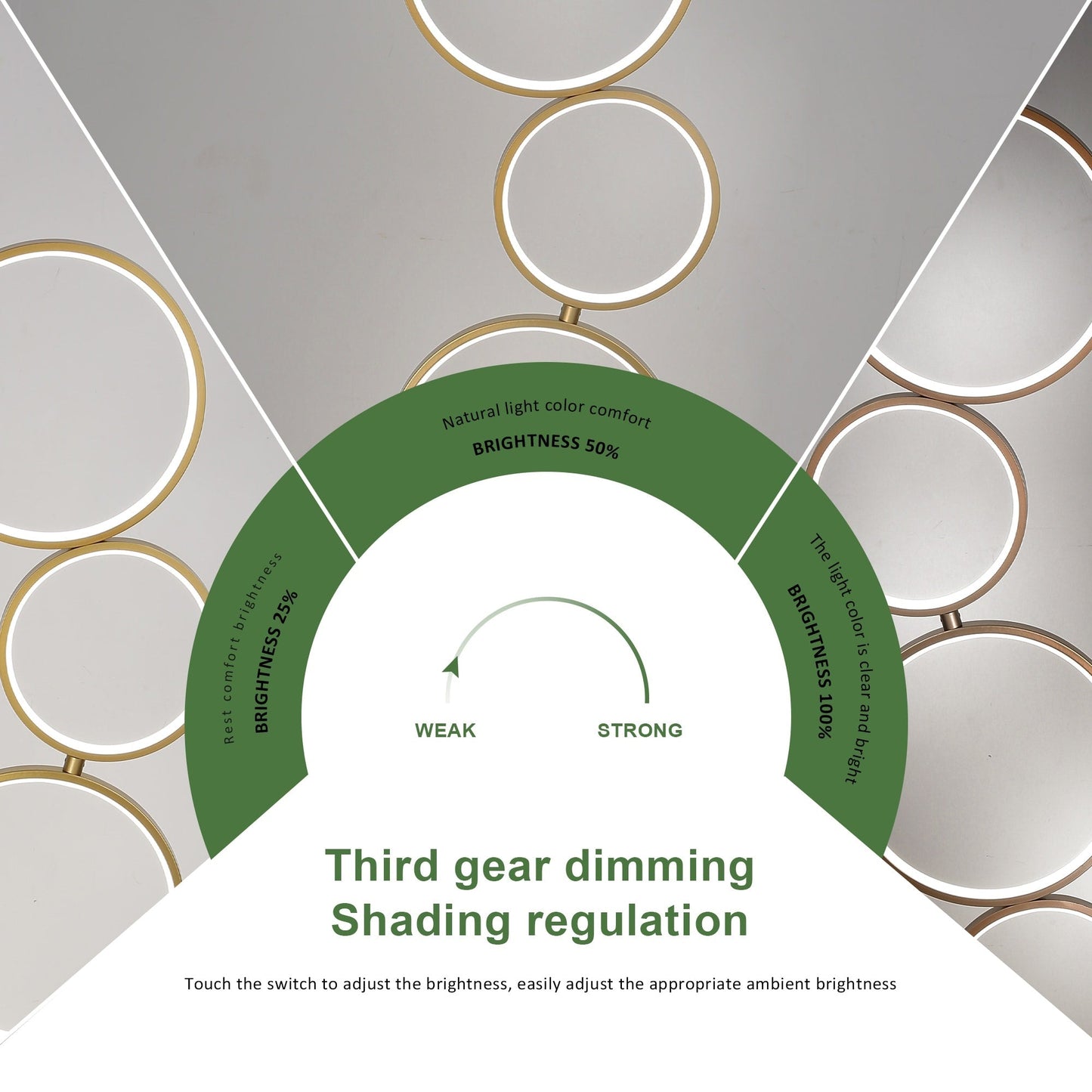 Lampada da terra moderna a LED dimmerabile, lampada da terra angolare luminosa a 3 vie con 5 anelli per soggiorno