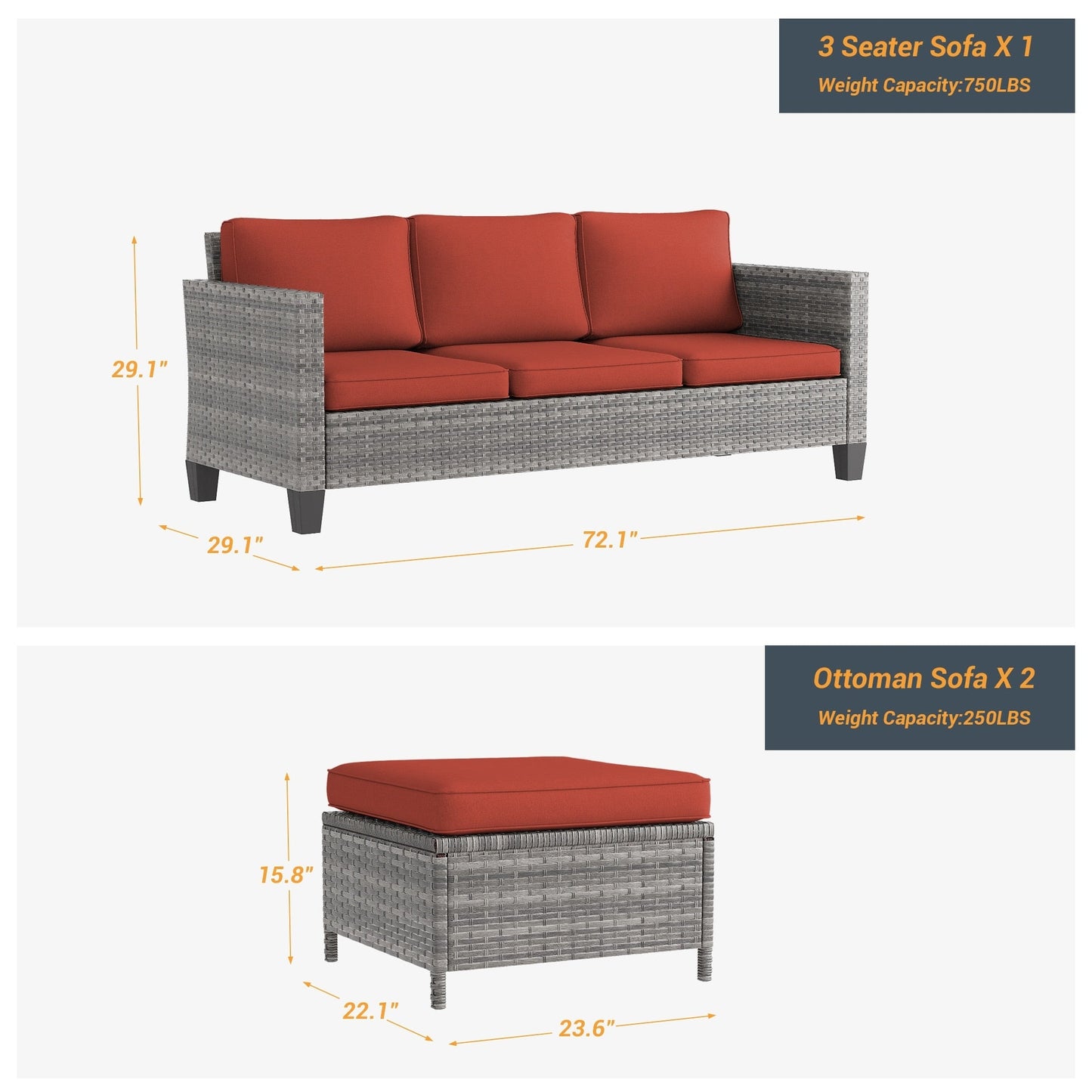 LIVOOSUN Set di 3 divani da giardino in rattan marrone Conversation da giardino