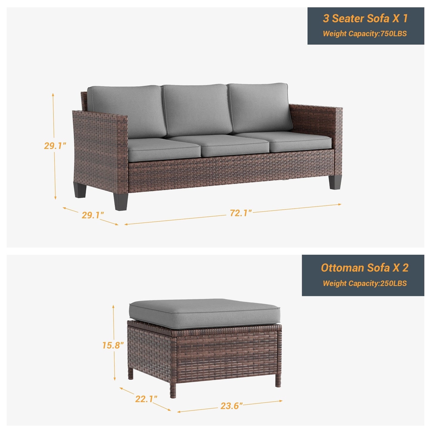 LIVOOSUN Set di 3 divani da giardino in rattan marrone Conversation da giardino