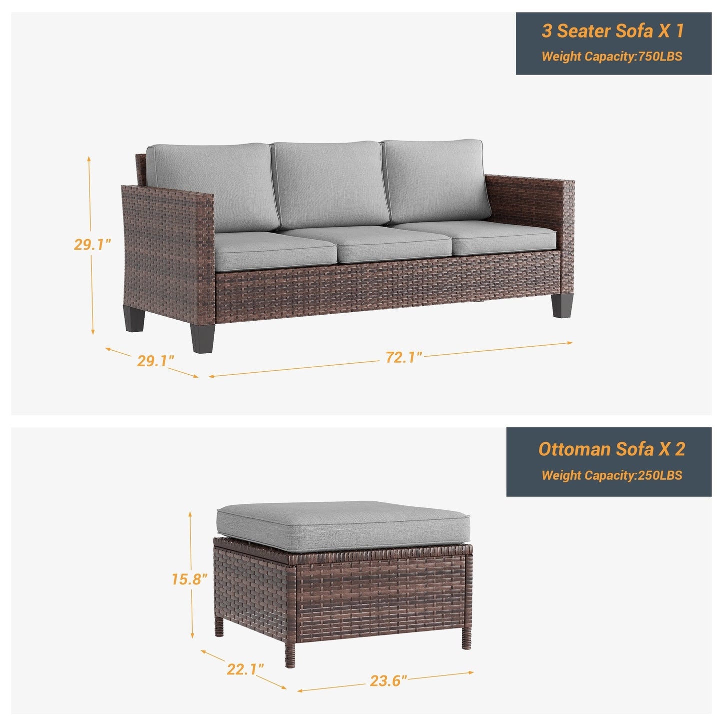 LIVOOSUN Set di 3 divani da giardino in rattan marrone Conversation da giardino