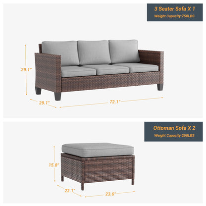 LIVOOSUN Set di 3 divani da giardino in rattan marrone Conversation da giardino