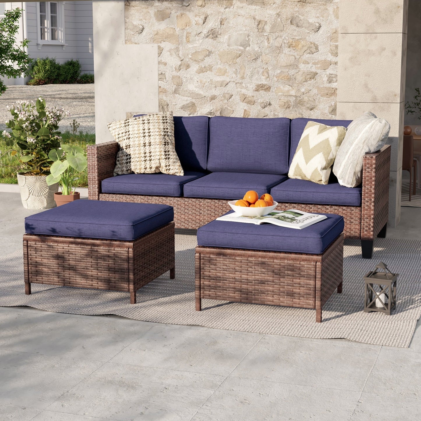 LIVOOSUN Set di 3 divani da giardino in rattan marrone Conversation da giardino