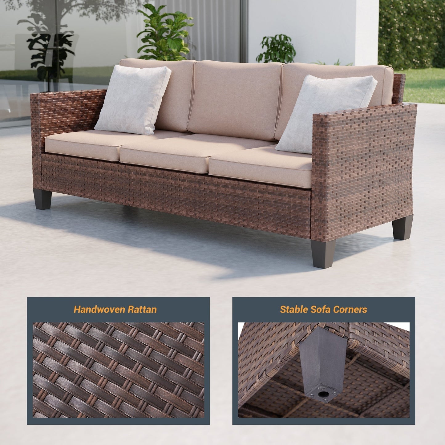 LIVOOSUN Set di 3 divani da giardino in rattan marrone Conversation da giardino