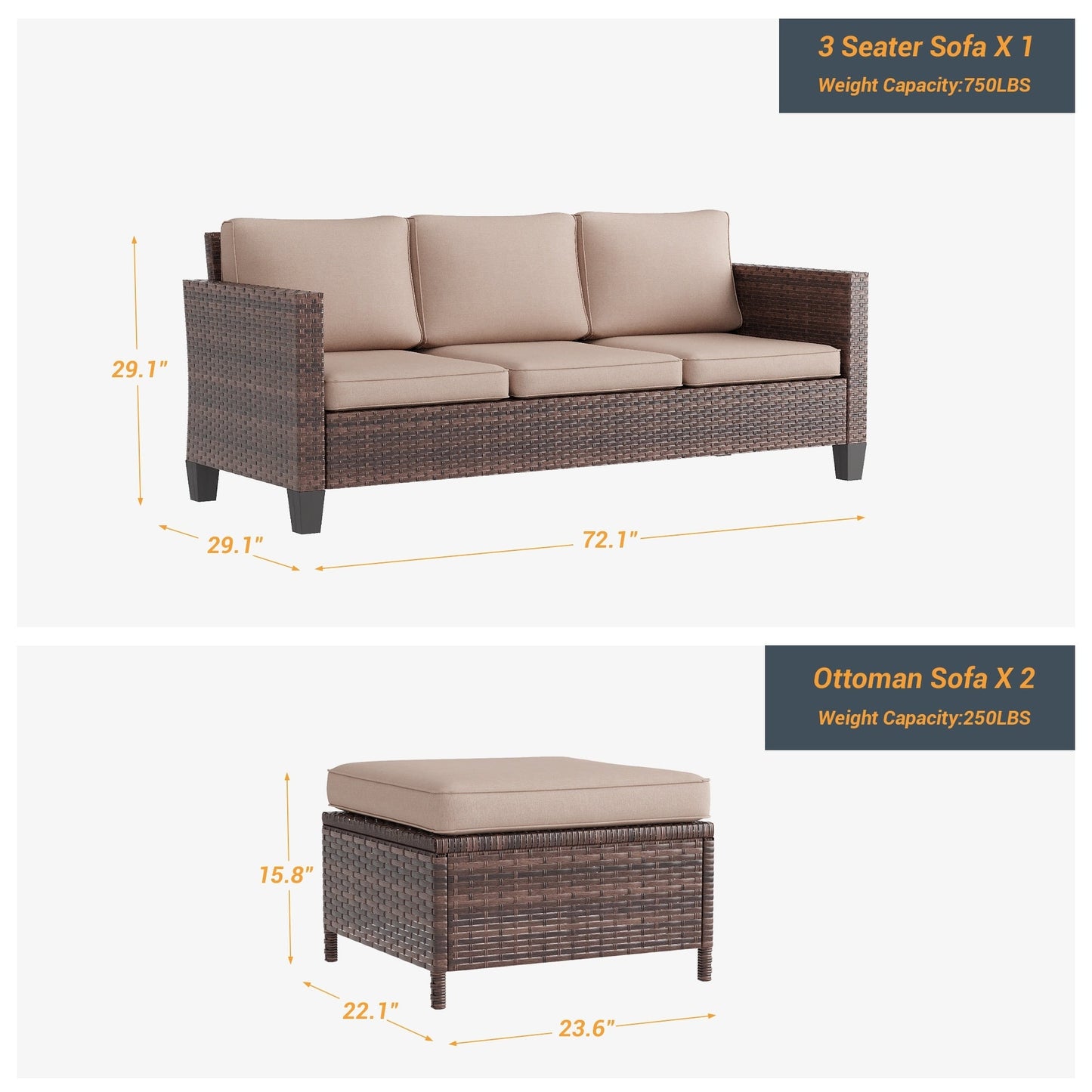 LIVOOSUN Set di 3 divani da giardino in rattan marrone Conversation da giardino