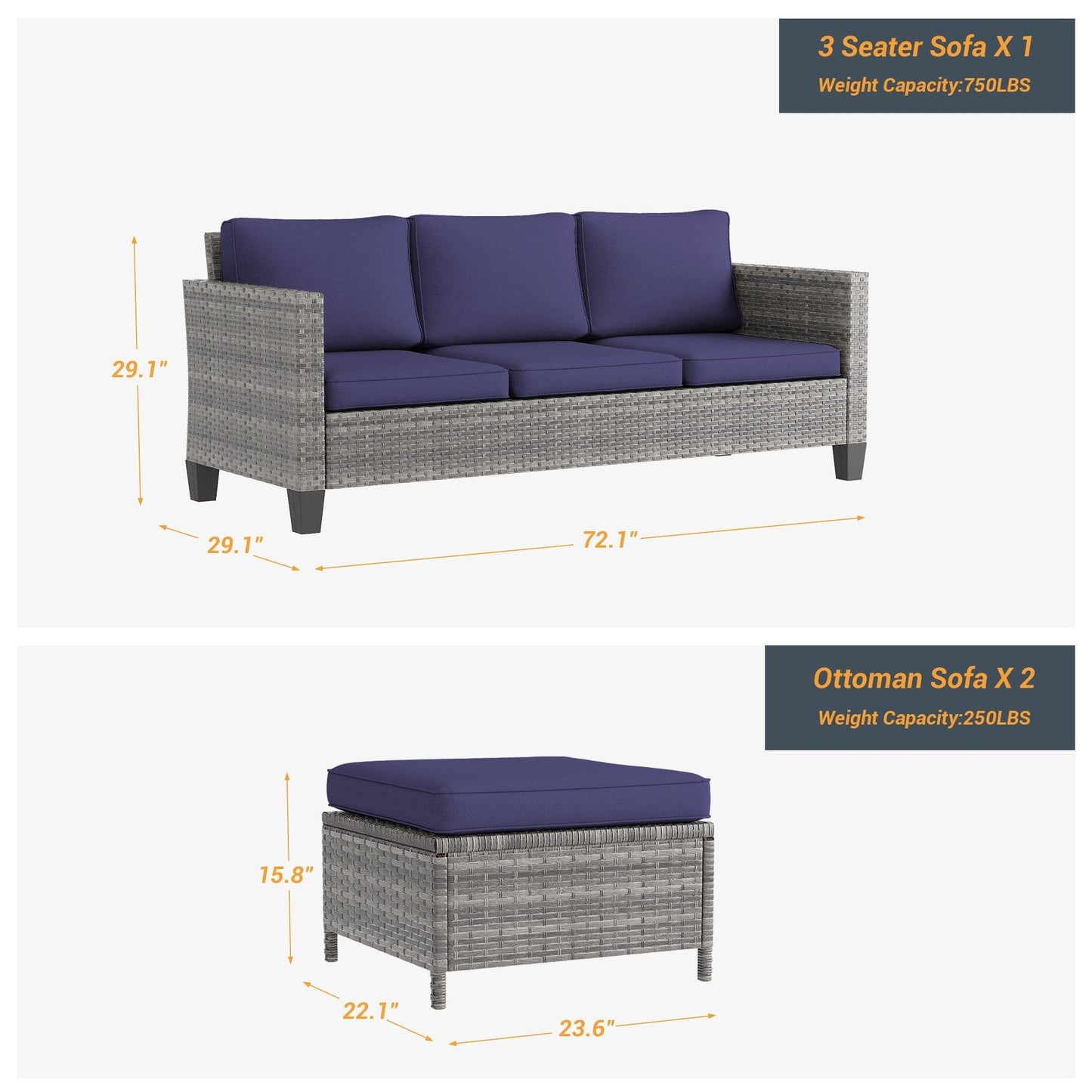 LIVOOSUN Set di 3 divani da giardino in rattan marrone Conversation da giardino