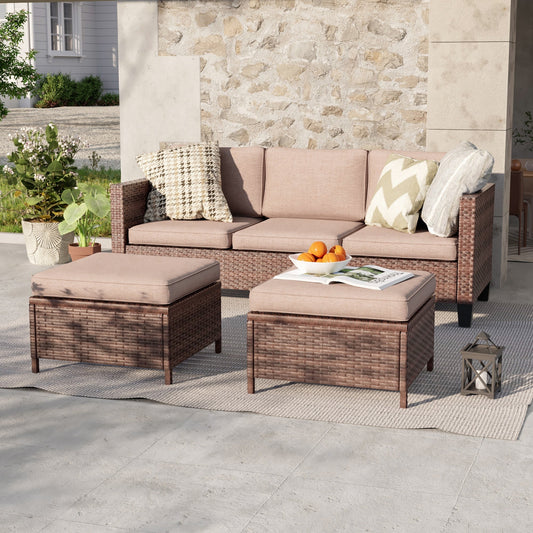 LIVOOSUN Set di 3 divani da giardino in rattan marrone Conversation da giardino