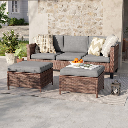 LIVOOSUN Set di 3 divani da giardino in rattan marrone Conversation da giardino