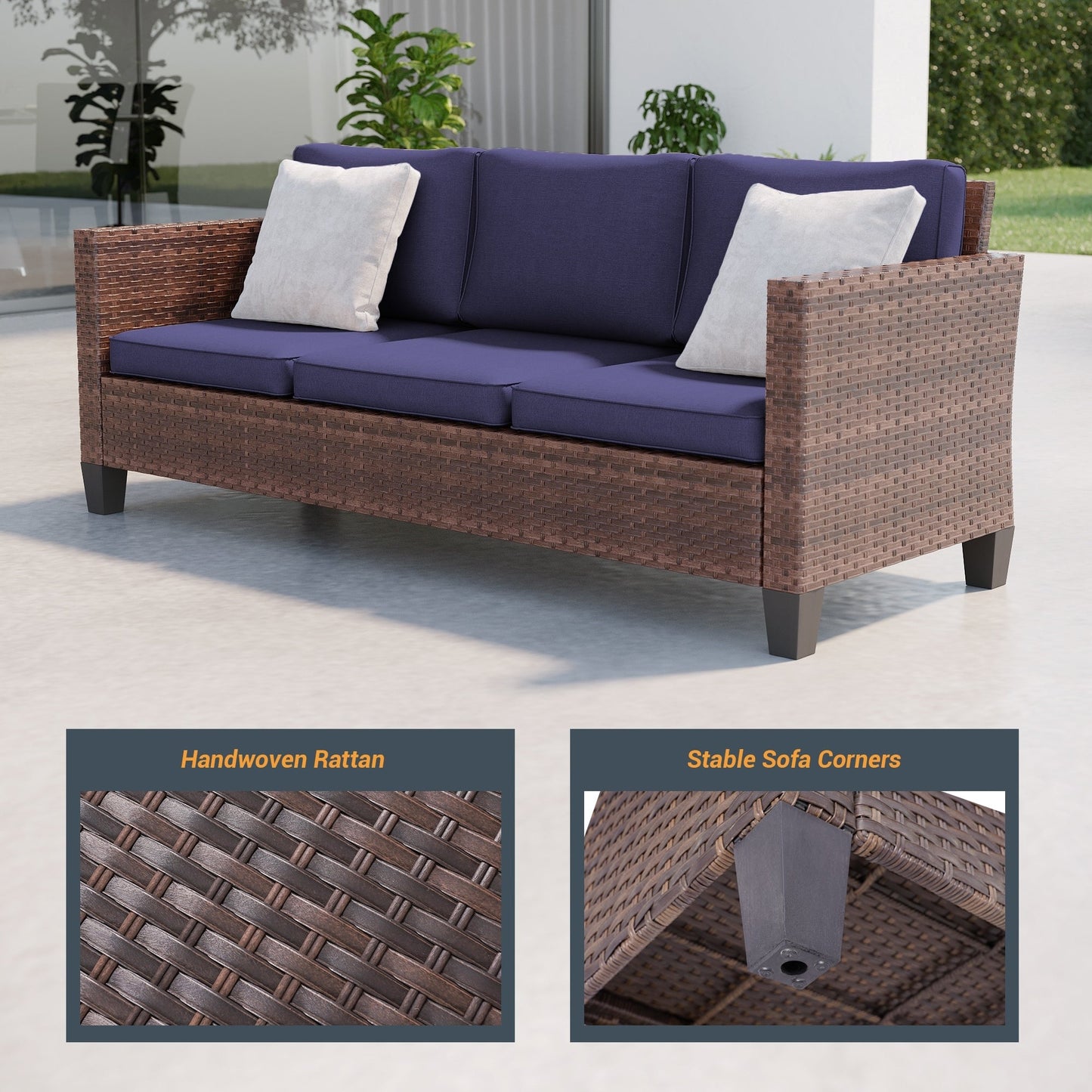 LIVOOSUN Set di 3 divani da giardino in rattan marrone Conversation da giardino