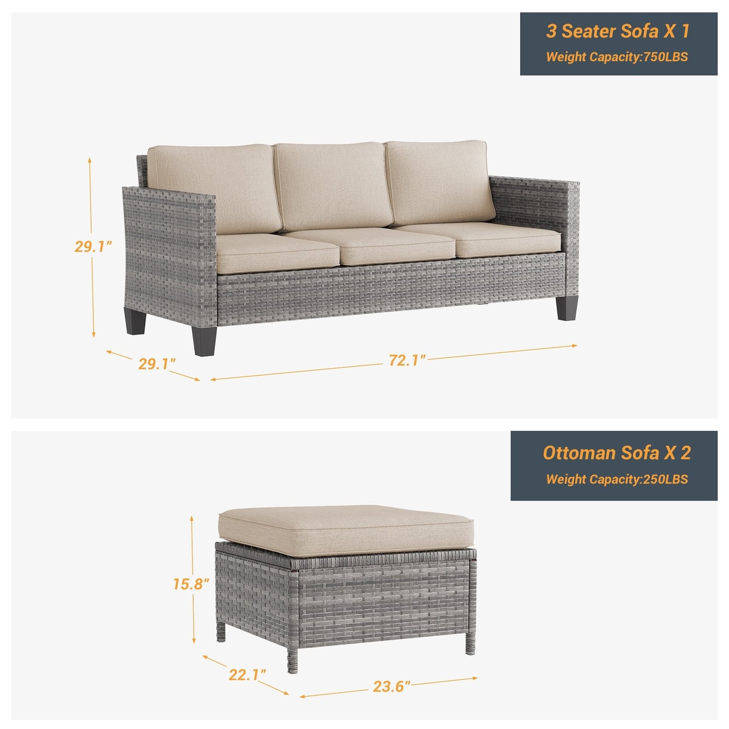LIVOOSUN Set di 3 divani da giardino in rattan marrone Conversation da giardino