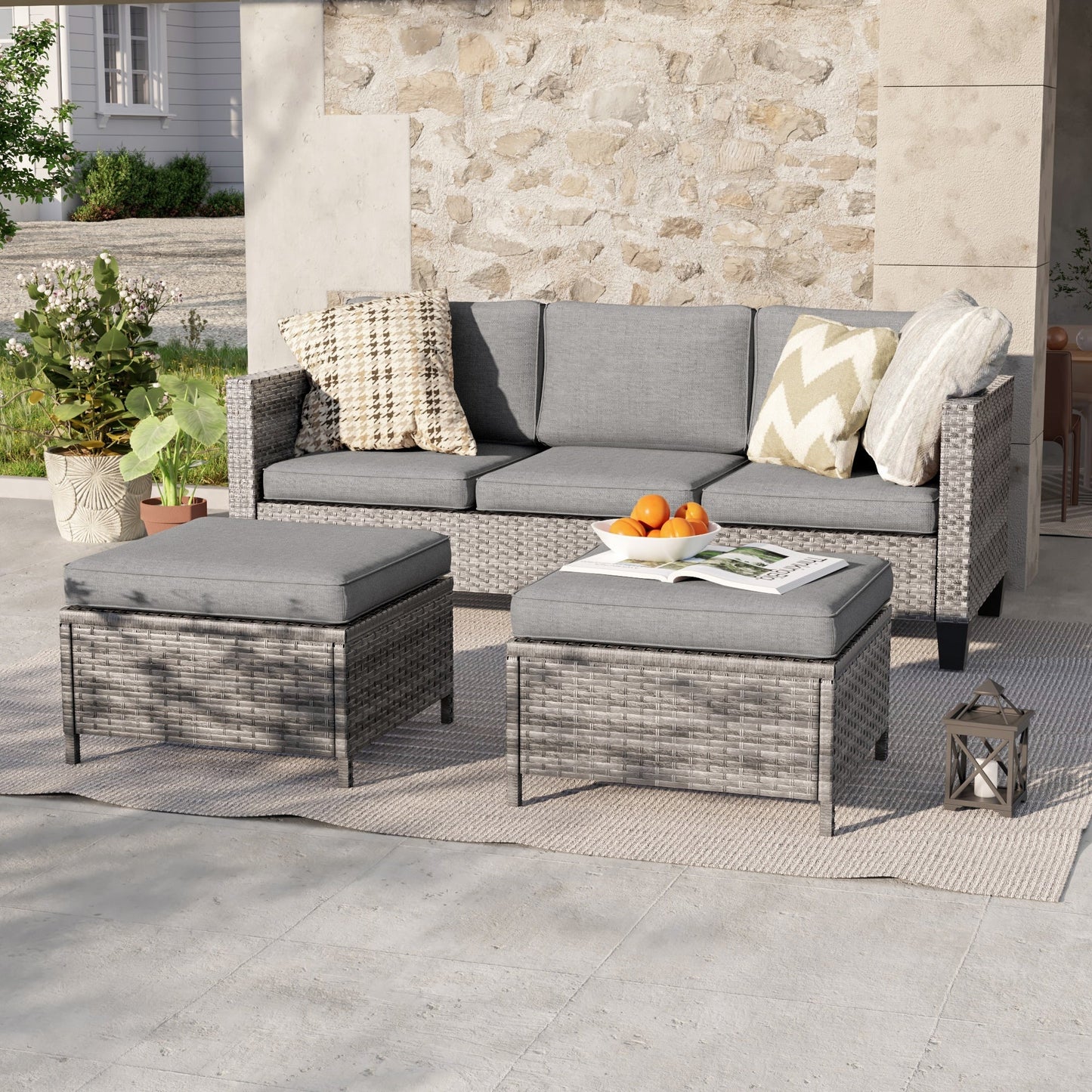 LIVOOSUN Set di 3 divani da giardino in rattan marrone Conversation da giardino