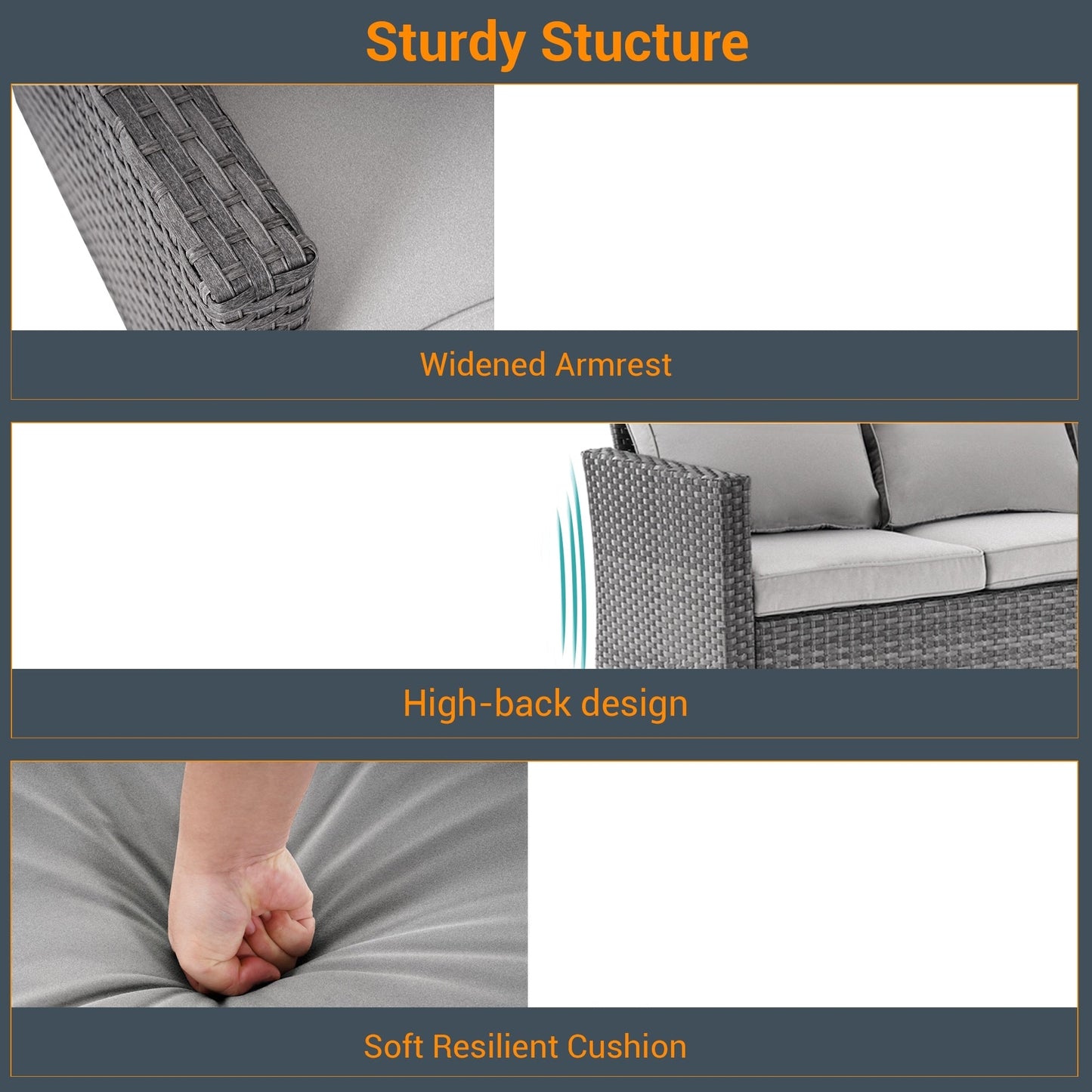 LIVOOSUN Set di 3 divani da giardino in rattan grigio Conversation, per esterni