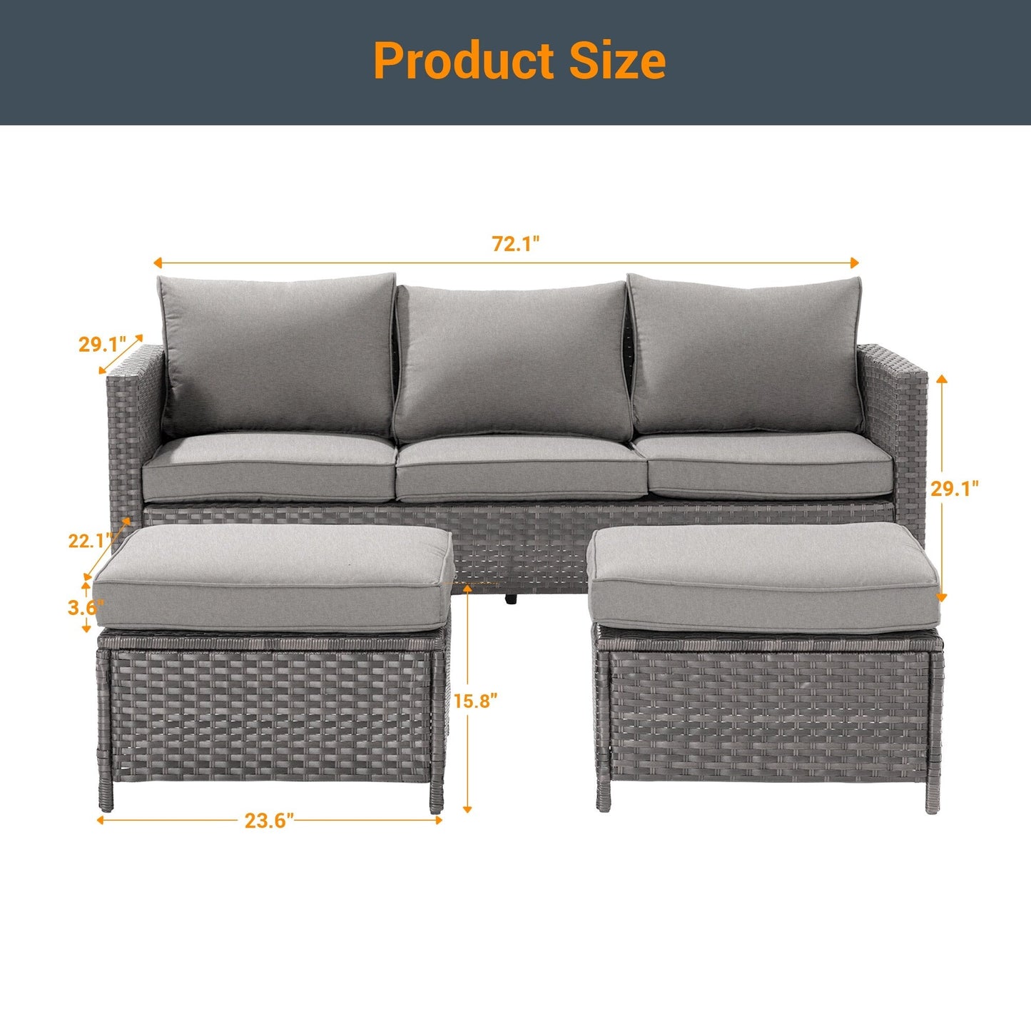 LIVOOSUN Set di 3 divani da giardino in rattan grigio Conversation, per esterni