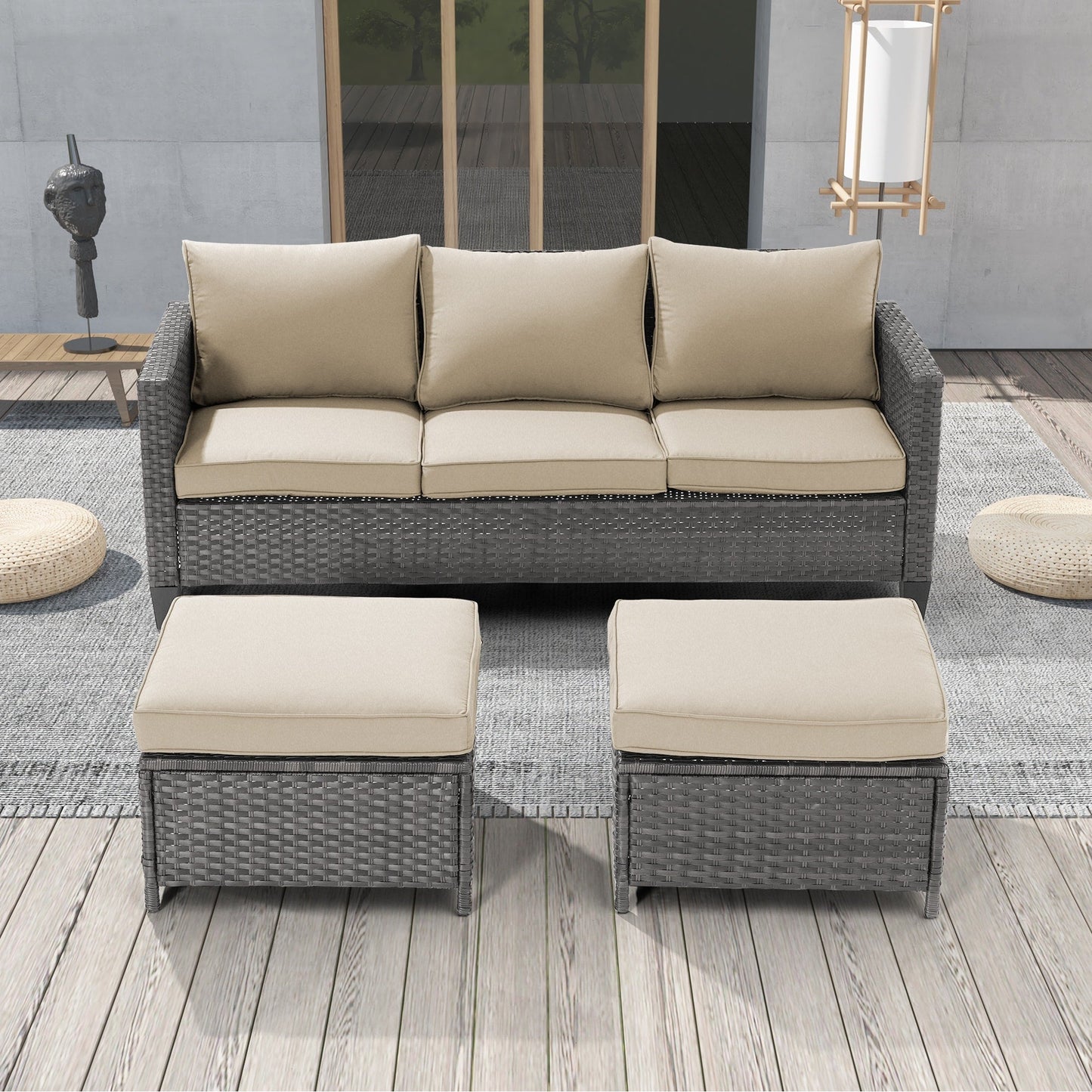 LIVOOSUN Set di 3 divani da giardino in rattan grigio Conversation, per esterni