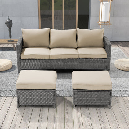 LIVOOSUN Set di 3 divani da giardino in rattan grigio Conversation, per esterni