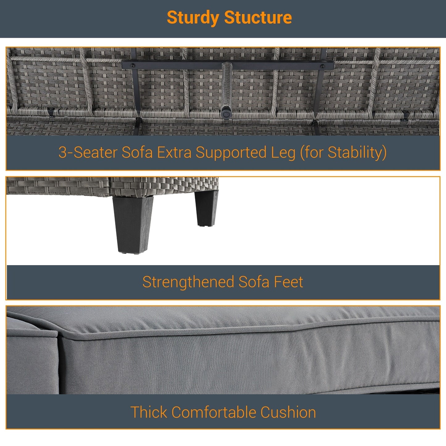 LIVOOSUN Set di 3 divani da giardino in rattan grigio Conversation, per esterni