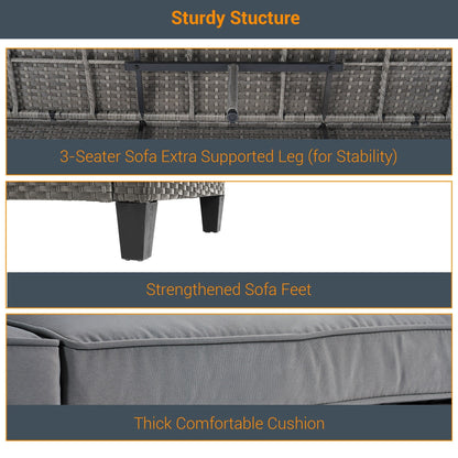 LIVOOSUN Set di 3 divani da giardino in rattan grigio Conversation, per esterni