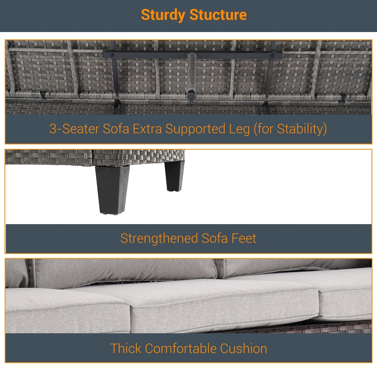 LIVOOSUN Set di 3 divani da giardino in rattan grigio Conversation, per esterni