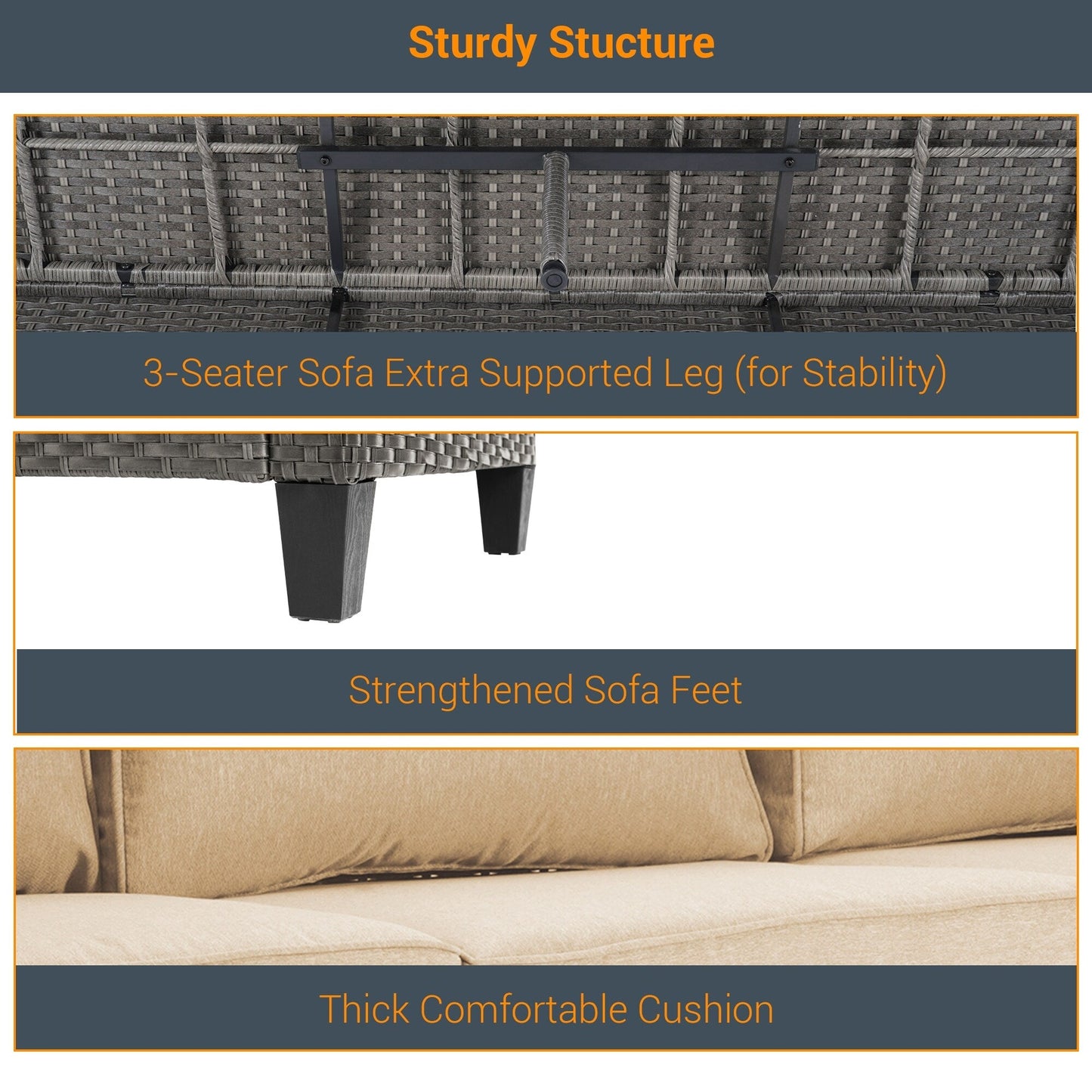 LIVOOSUN Set di 3 divani da giardino in rattan grigio Conversation, per esterni