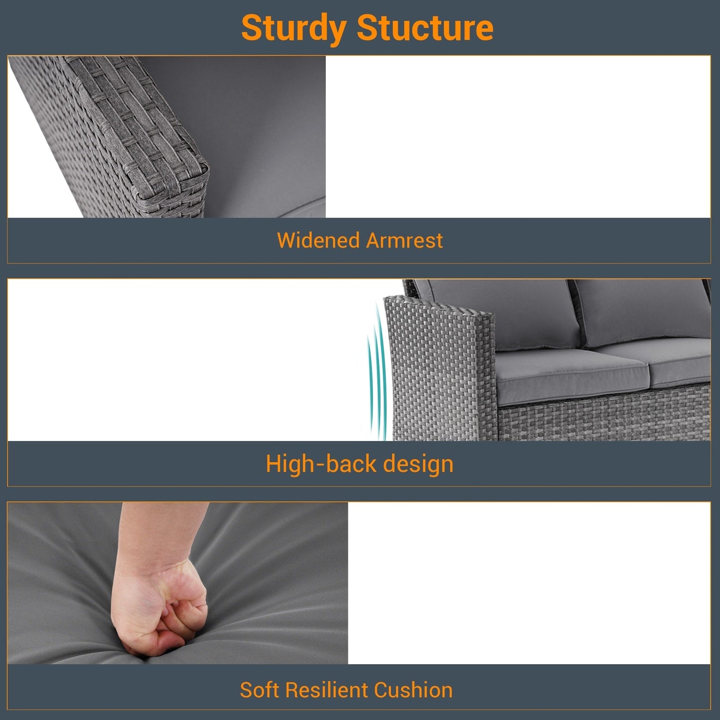 LIVOOSUN Set di 3 divani da giardino in rattan grigio Conversation, per esterni