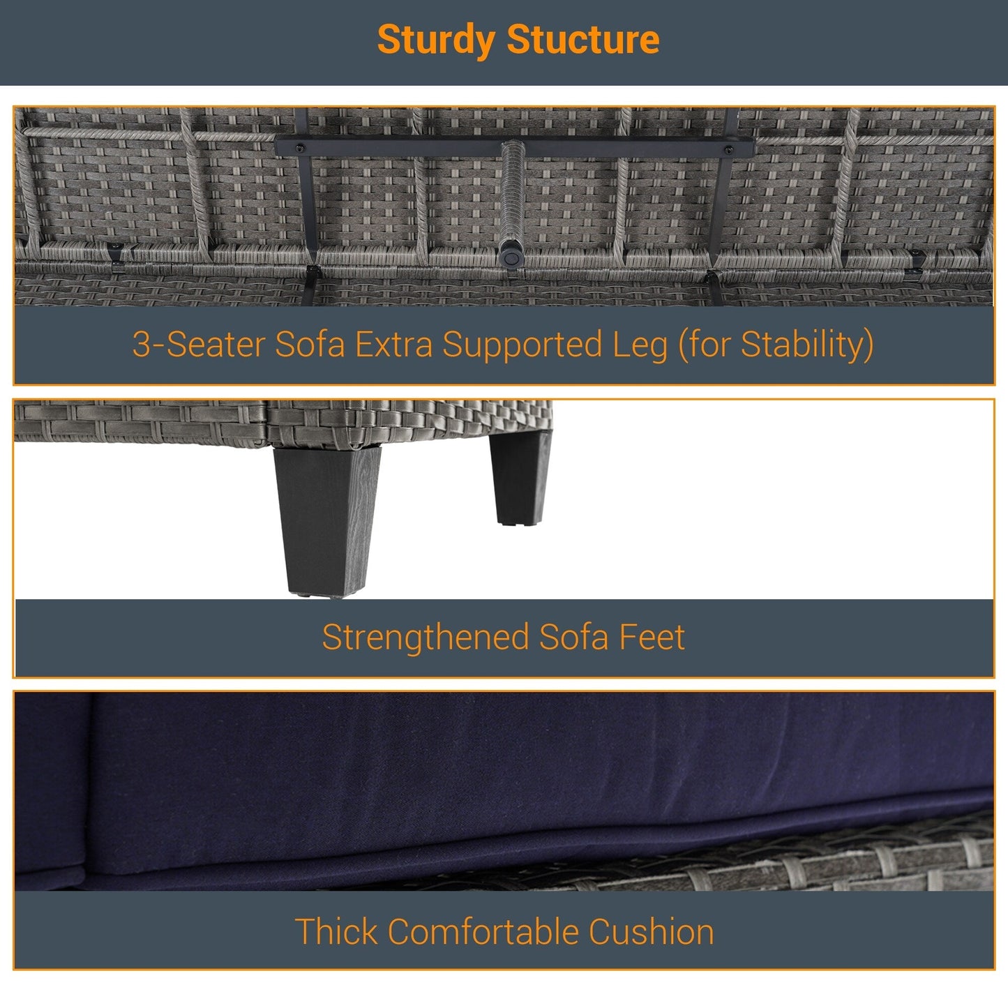 LIVOOSUN Set di 3 divani da giardino in rattan grigio Conversation, per esterni