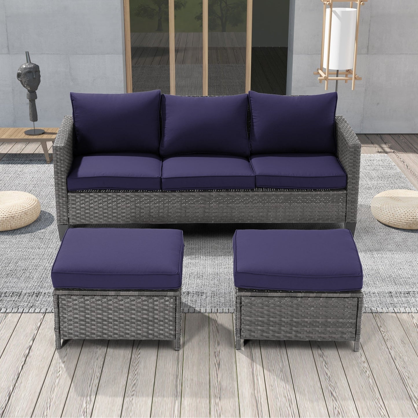 LIVOOSUN Set di 3 divani da giardino in rattan grigio Conversation, per esterni