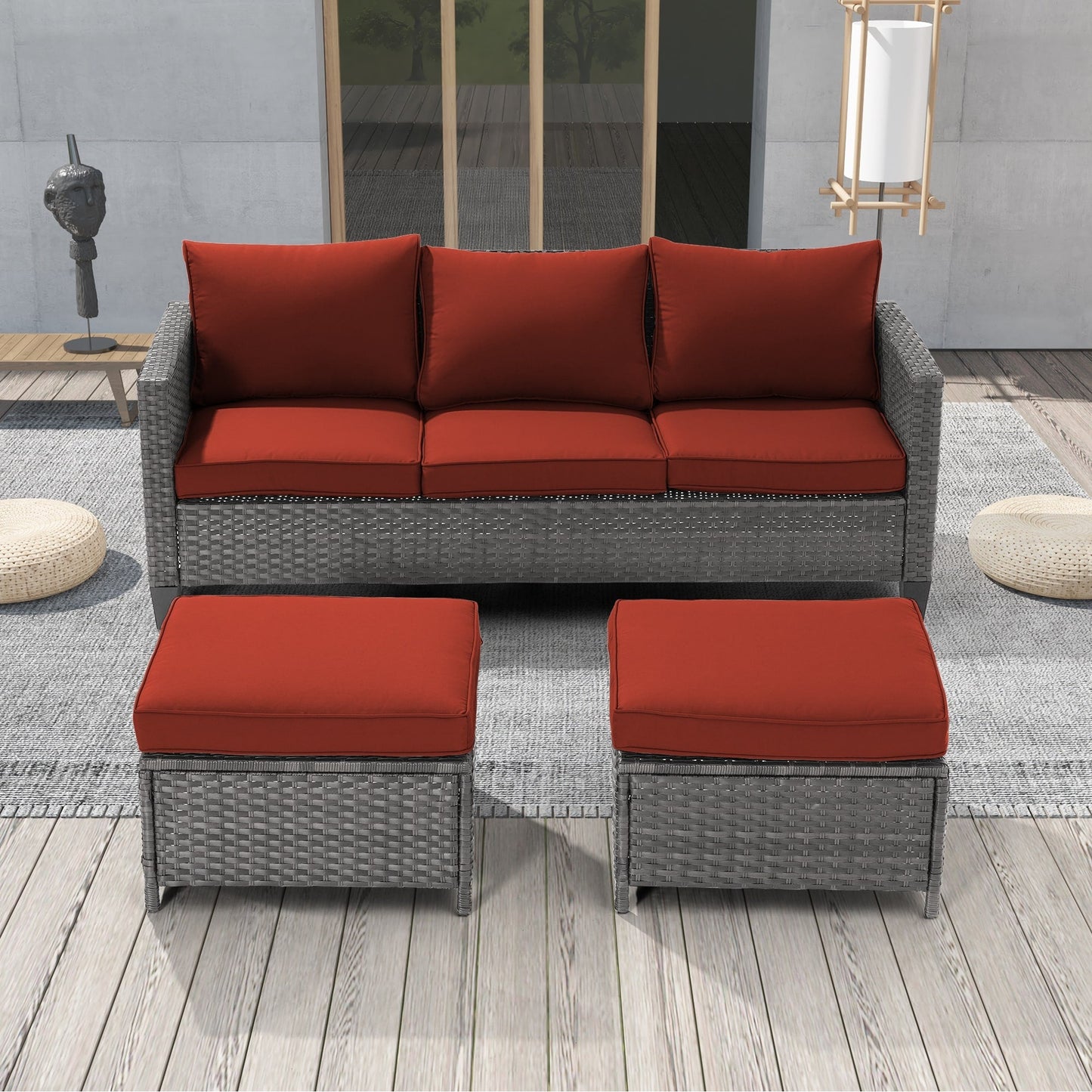 LIVOOSUN Set di 3 divani da giardino in rattan grigio Conversation, per esterni