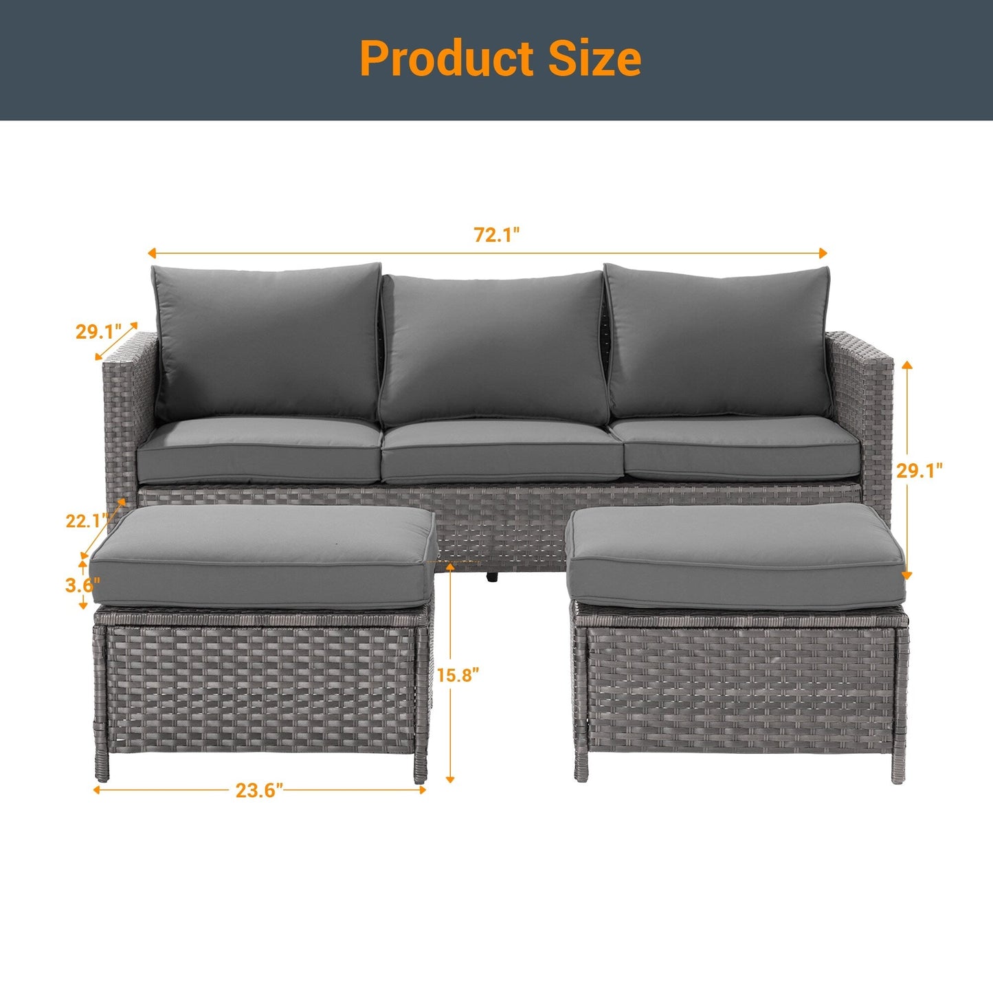 LIVOOSUN Set di 3 divani da giardino in rattan grigio Conversation, per esterni