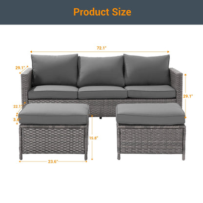 LIVOOSUN Set di 3 divani da giardino in rattan grigio Conversation, per esterni