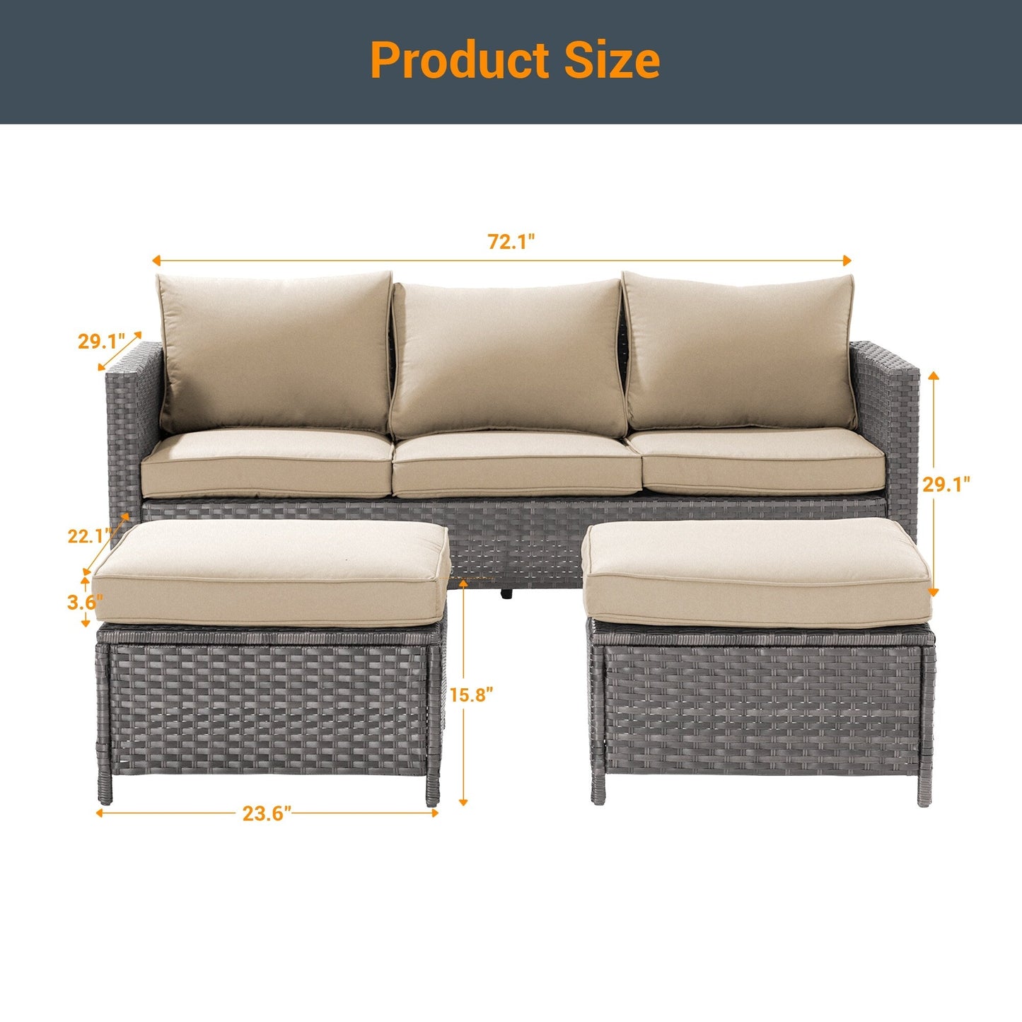 LIVOOSUN Set di 3 divani da giardino in rattan grigio Conversation, per esterni
