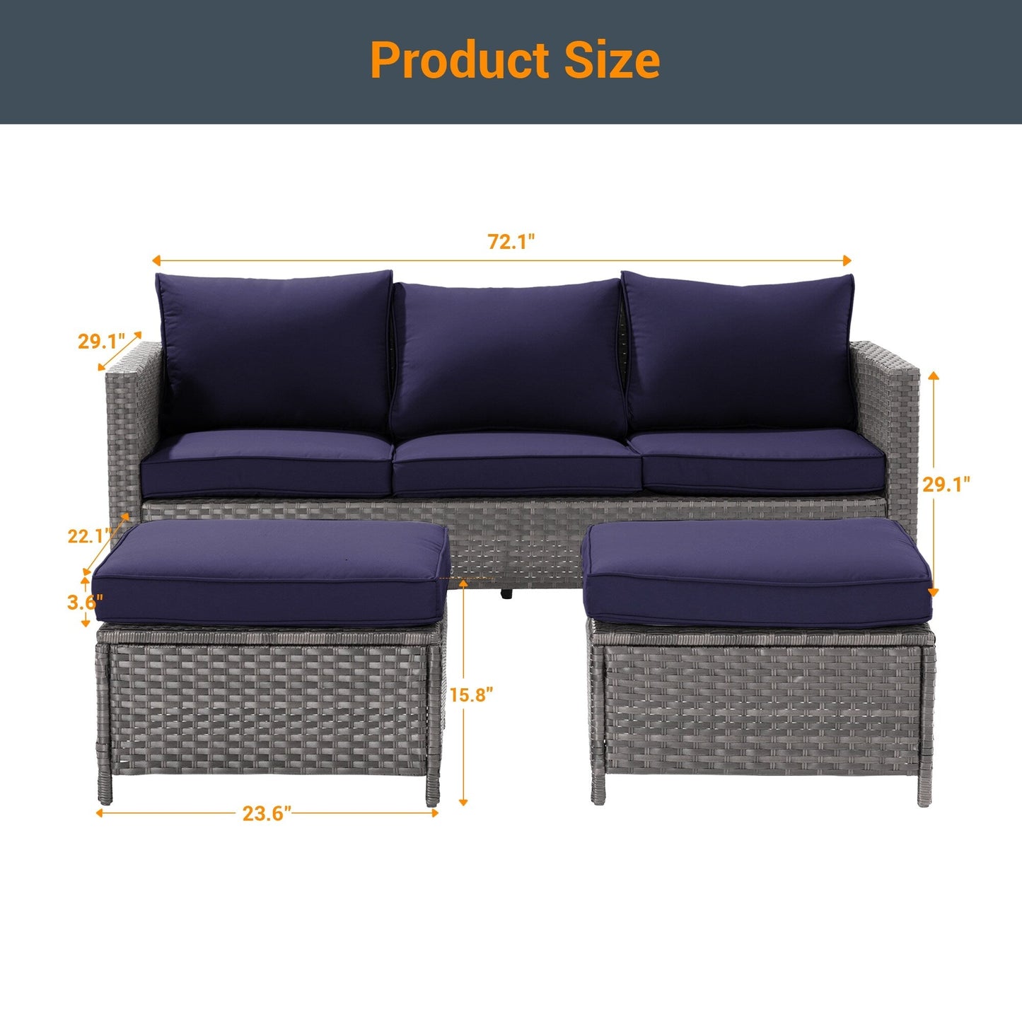 LIVOOSUN Set di 3 divani da giardino in rattan grigio Conversation, per esterni