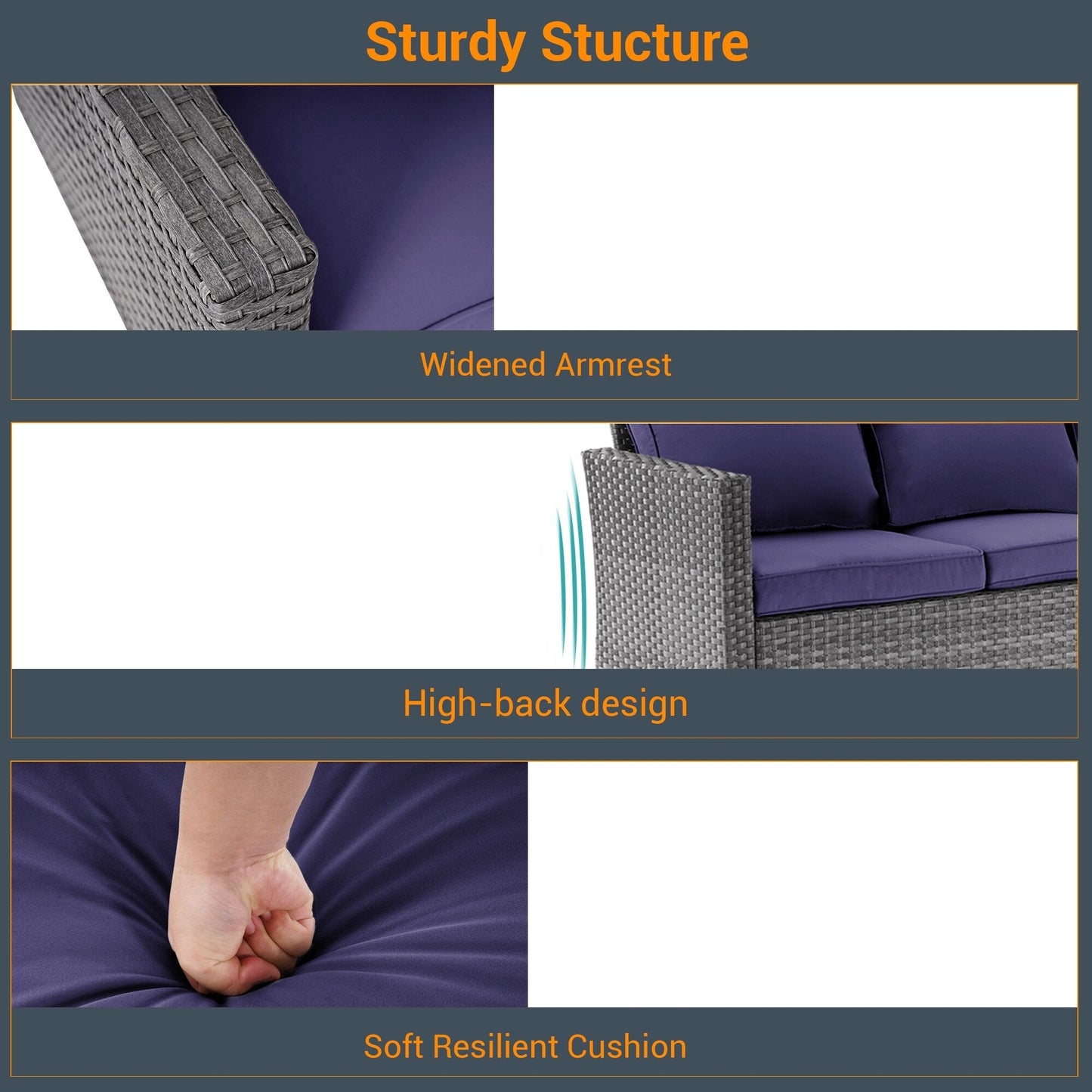 LIVOOSUN Set di 3 divani da giardino in rattan grigio Conversation, per esterni