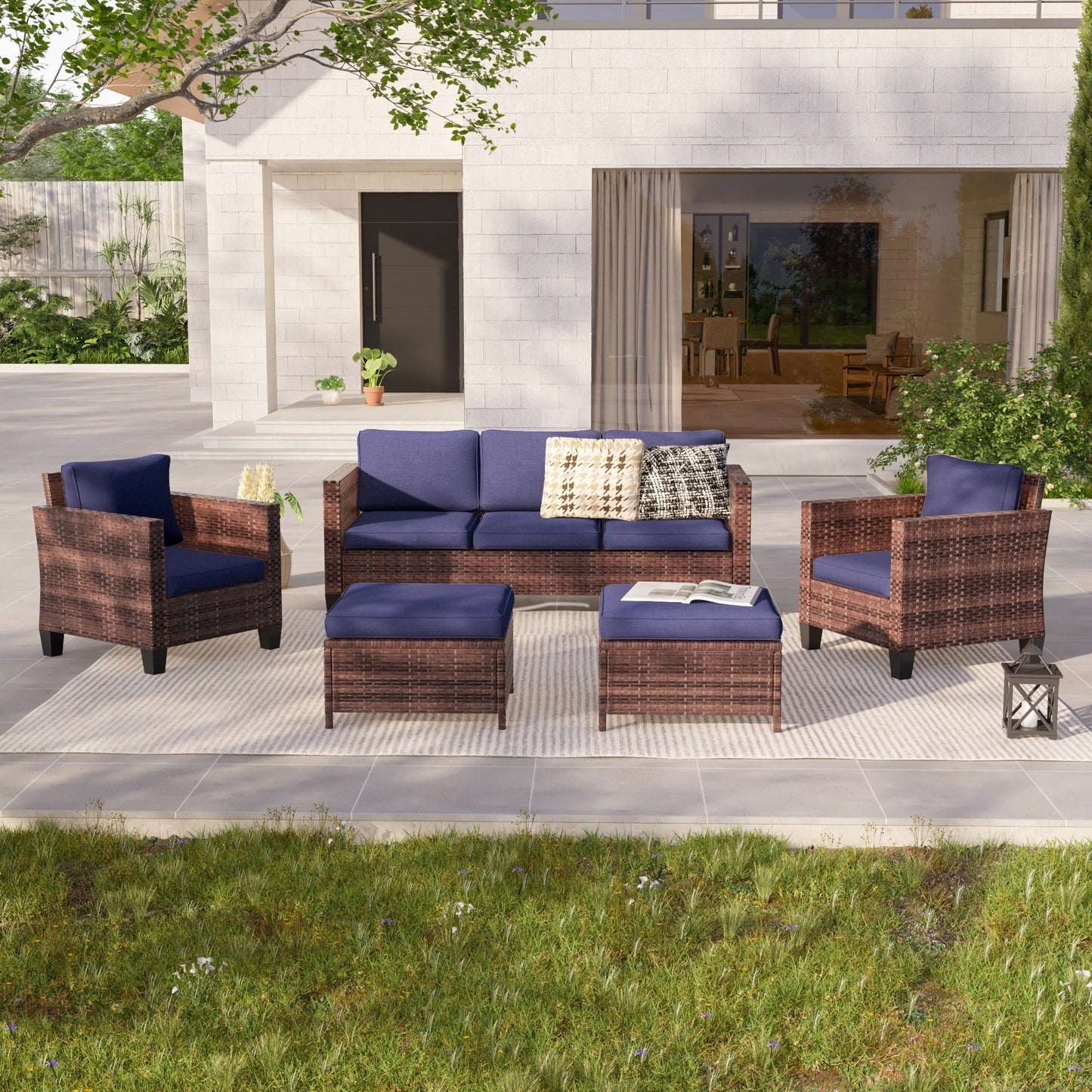 LIVOOSUN Set di mobili da giardino in rattan marrone da 5 pezzi, set di sedute con rivestimento