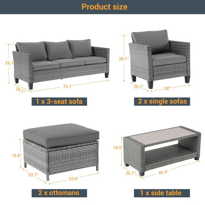 LIVOOSUN Set di 6 divani da esterno in rattan grigio per patio con tavolino da caffè