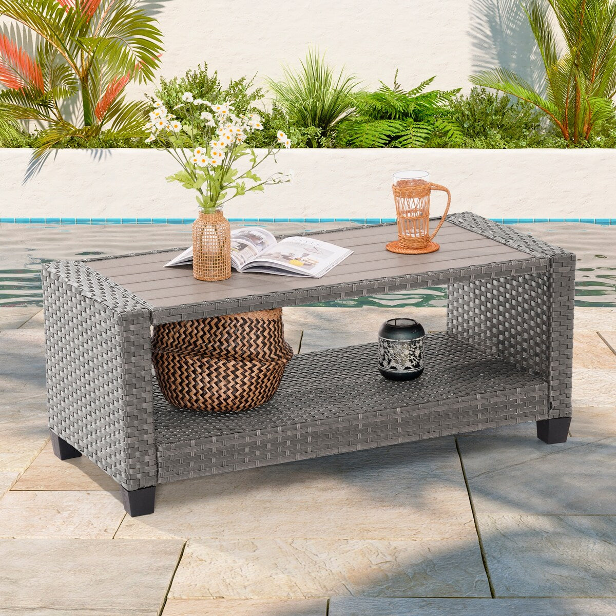 LIVOOSUN Set di 6 divani da esterno in rattan grigio per patio con tavolino da caffè