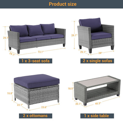 LIVOOSUN Set di 6 divani da esterno in rattan grigio per patio con tavolino da caffè