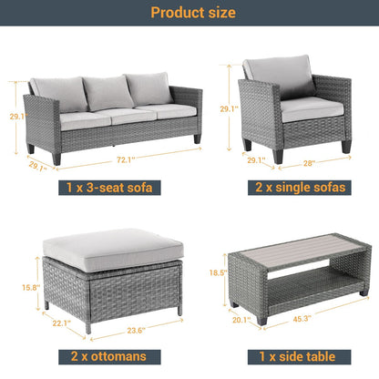 LIVOOSUN Set di 6 divani da esterno in rattan grigio per patio con tavolino da caffè