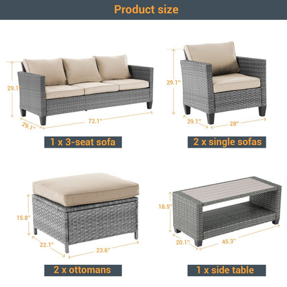 LIVOOSUN Set di 6 divani da esterno in rattan grigio per patio con tavolino da caffè