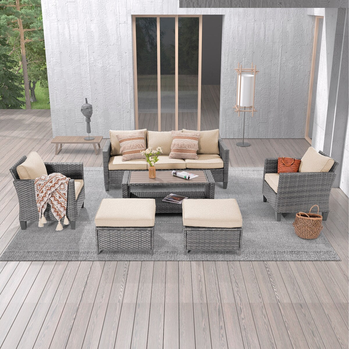 LIVOOSUN Set di 6 divani da esterno in rattan grigio per patio con tavolino da caffè