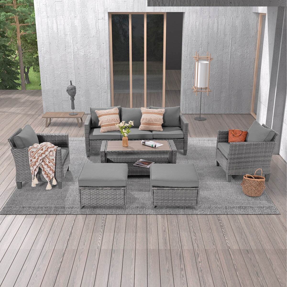 LIVOOSUN Set di 6 divani da esterno in rattan grigio per patio con tavolino da caffè