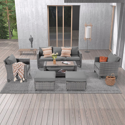 LIVOOSUN Set di 6 divani da esterno in rattan grigio per patio con tavolino da caffè